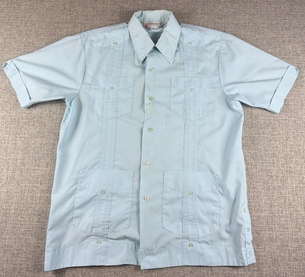 Vintage Romani Guayabera Shirt Mens M Blue 4 Pocket Cuban Wedding Rockabilly